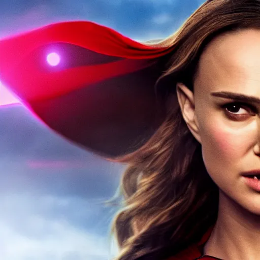 Image similar to Natalie Portman as scarlet witch from MCU, highly detailed, 8K HDR, sunset.