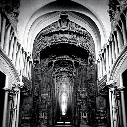 Prompt: hyperrealism hyperdetail. submerged cathedral of dagon beneath the ocean floor. photography by ansel adams. ominous light emits from deep inside the temple.