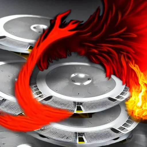 Image similar to a flaming phoenix sitting on a pile of harddisks protecting a database, 8 k, 3 5 mm