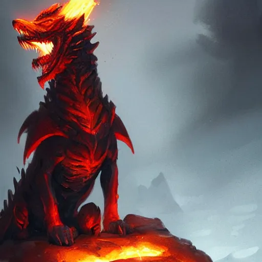 Prompt: a fire dog dragon, greg rutkowski