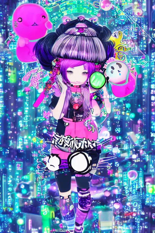 Image similar to cybergoth decora glitchcore yokai girl, sanrio ornaments, pastel cute cinematography | neo hong kong, rainy atmosphere, night time, bright lights, colorful signs, busy streets, high res, kowloon | old ancient chinese website full of spam. internet explorer window is glitching out. mum wtf