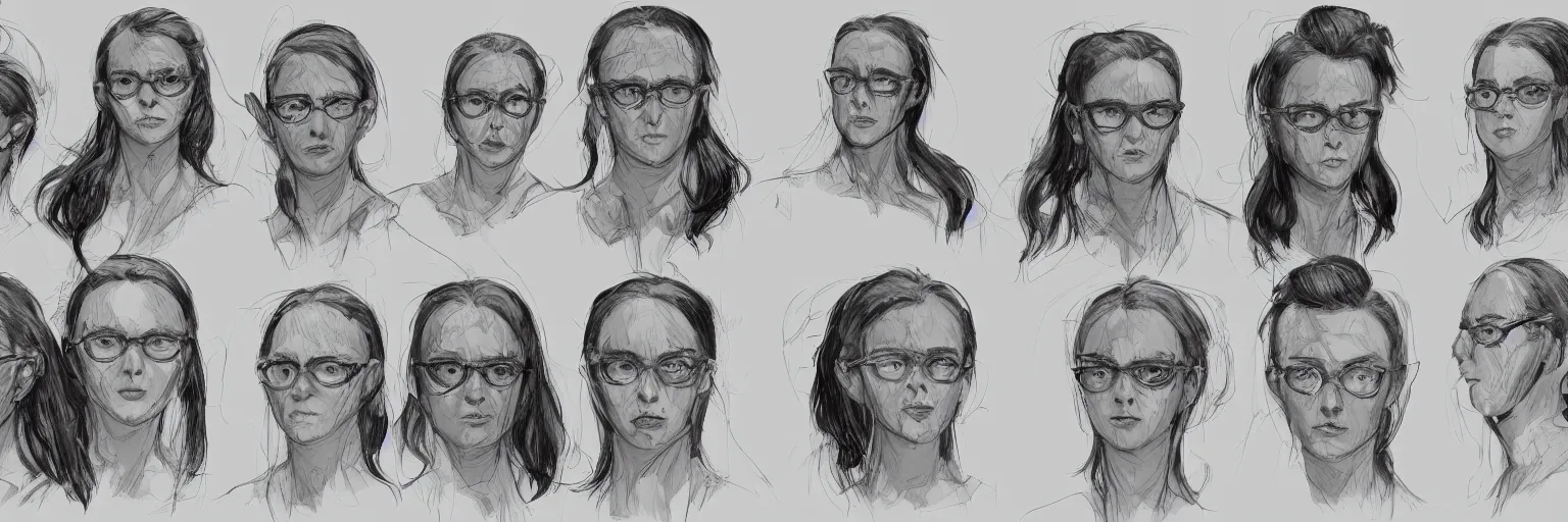 Prompt: character study of female adolf hitter, evil woman, glasses, clear faces, emotional, character sheet, fine details, concept design, contrast, kim jung gi, francis bacon and jenny saville, trending on artstation, 8 k, full body and head, turnaround, front view, back view, ultra wide angle