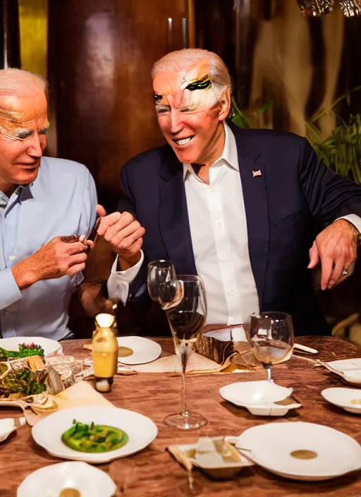 Image similar to Trump and Biden having dinner at a fancy Balinese restaurant, award winning photography, sigma 85mm Lens F/1.4, blurred background, perfect faces