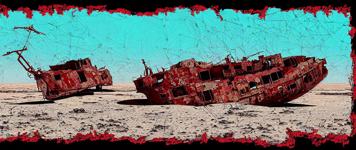 Prompt: an abandoned ship in the aral sea desert, in the style of daniel johnston and outsider art, 8 k, line brush, overlaid with chinese adverts