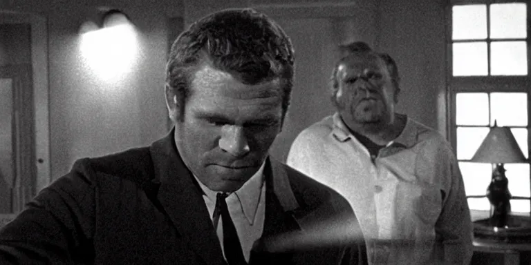 Prompt: photorealistic medium shot cinematography of a steve mcqueen acting in a twilight zone episode that takes place at a hotel pub and the bar tender is johnathan winters shot on film at magic hour with the sun shining into a large 6 0's hotel lobby room filled with volumetric haze by the shining cinematographer john alcott on a cooke panchro 3 5 mm lens.