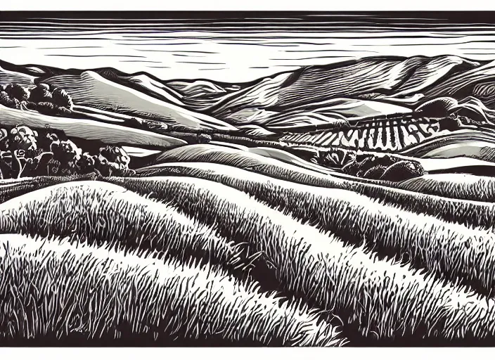 Image similar to wine label, vector graphic, linocut vineyard landscape by greg rutkowski, fine details, highly detailed