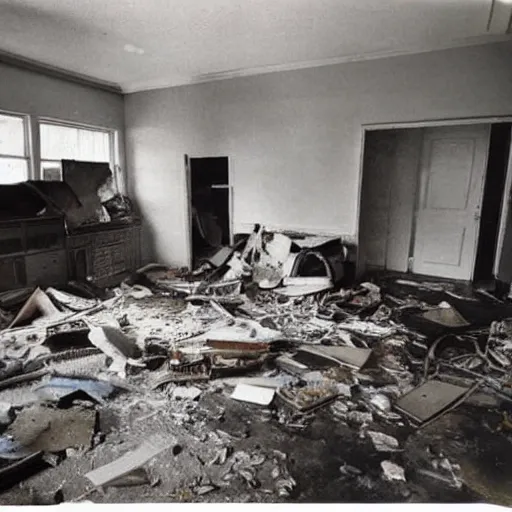 Image similar to The conceptual art shows a scene of total destruction. A room has been completely wrecked, with furniture overturned, belongings strewn about, and debris everywhere. The only thing left intact is a single photograph on the wall. This photograph is the only evidence of what the room once looked like. It shows a tidy, well-appointed space, with everything in its place. The contrast between the two images is stark, and it is clear that the destruction was complete and absolute. by Simon Bisley, by Dora Maar geometric, realistic