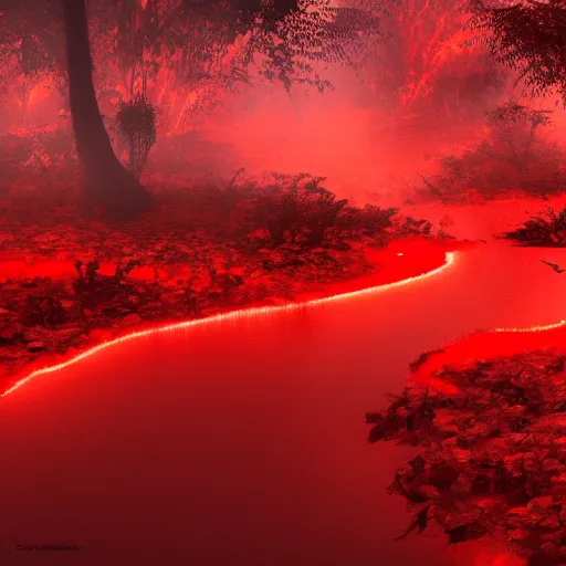 Prompt: river of glowing red hot lava in the middle of the jungle, digital art, photorealistic, trending on artstation