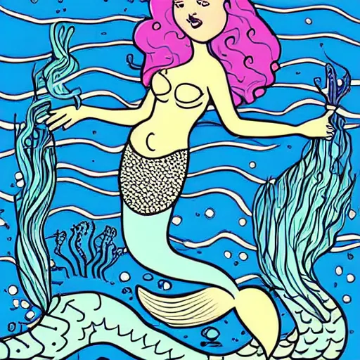 Image similar to illustration of a mermaid playing an stratocaster electric guitar, under the sea, limited colours, poster