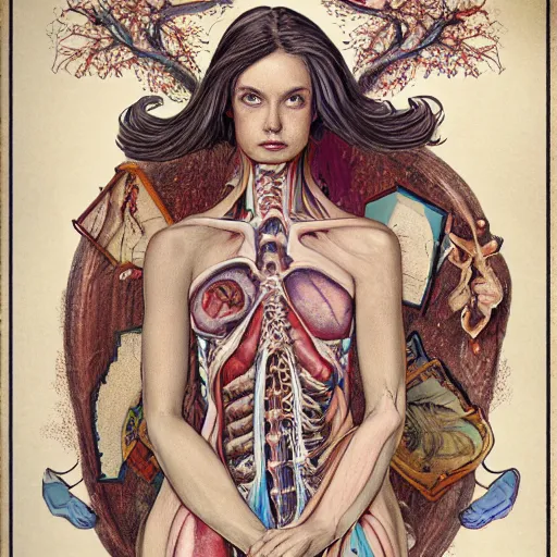 Image similar to cosplay girl, highly detailed labeled medical anatomy poster, anatomical drawing on poster paper with notes, extra beautiful colorful full page antique lithograph of artnouveau borders and designs, muted colors, parchment paper, art print, well - lit, ray tracing, horror, eldritch abomination, hyper realistic, 8 k post - processing