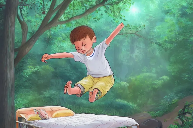 Prompt: a beautiful illustration of a sleepy little cute boy jumping on his bed in a beautiful forest, digital art, high detailed face