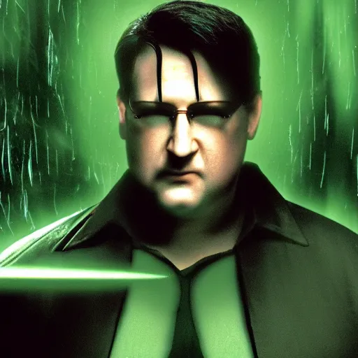 Image similar to gabe newell as neo in the matrix, 4k, high detail, high-resolution photograph