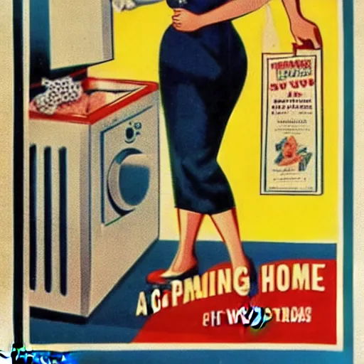 Prompt: a vintage poster of a 1 9 5 0's house wife washing money