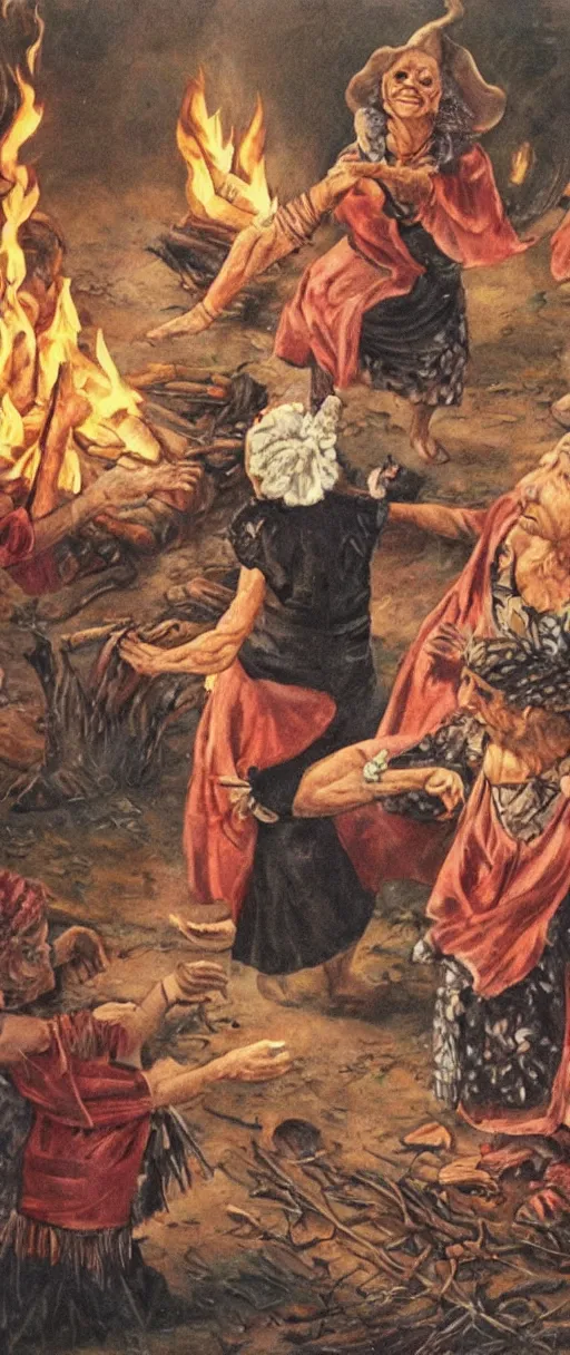 Image similar to grandma witches dancing around a fire with old skin and muscle and fat and blood