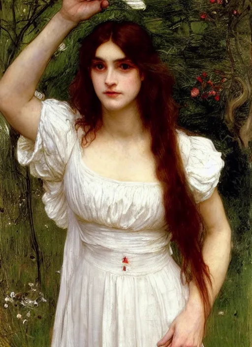 Image similar to an beautiful nurse in a white dress and short sleeves with red long wet flowing hair and shiny wet skin, by John Everett Millais and Dante Gabriel Rossetti and John Collier and john william waterhouse, pre-raphaelite, detailed, trending on artstation, hd, masterpiece