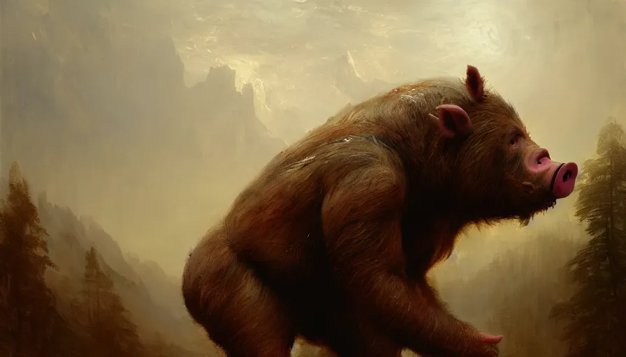 Image similar to highly detailed painting of a humanoid half bear half man pig creature by william turner, by greg rutkowski, by william constable, thick brush strokes and visible paint layers, 4 k resolution