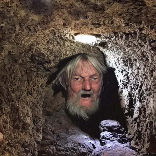 Image similar to photo inside a cavern of a wet reptilian humanoid robert wyatt partially hidden behind a rock, with black eyes, open mouth and big teeth