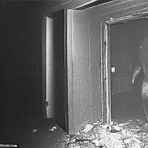 Image similar to hi - 8 night vision camera found - footage of a barely visible, bipedal minotaur, shrouded in darkness at the end of an extremely dark, unlit hallway in a basement of an abandoned house