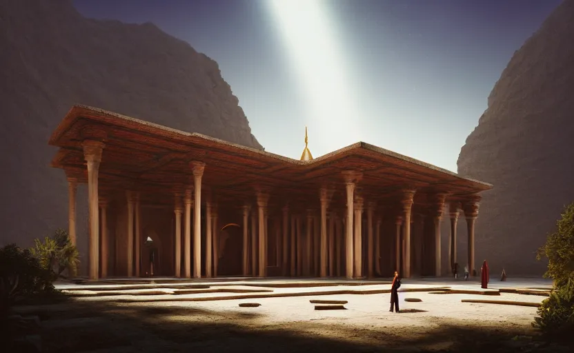 Image similar to exterior shot of utopian ancient persian temple with cinematic lighting by peter zumthor and renzo piano, darek zabrocki and greg ruthkowski, simon stalenhag, cinematic, holy place, paradise, scifi, futurism, atmospheric, concept art, artstation, trending on artstation