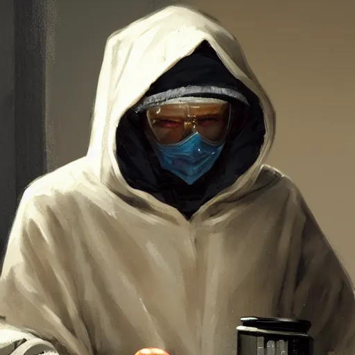 Prompt: alchemist wearing a hood working in laboratory, oil painting, by Greg Rutkowski