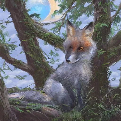 Image similar to “a fox sitting in the woods facing away, looking up at the night sky. The moon shines brightly. digital art, painting, highly detailed, hyper detailed, award winning”