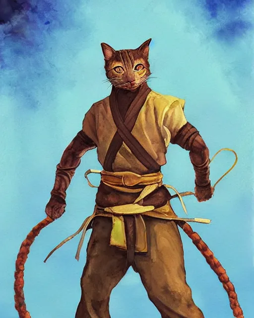 Image similar to a oil / watercolor painting full body character portrait of an anthromorphic cat martial artist / ninja in the style of moebius in the style of leonard boyarsky trending on artstation deviantart pinterest detailed photorealistic highlights and shadow hd 8 k post - processing high resolution