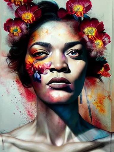 Prompt: double exposure, portrait of florence jones with a floral background : : painted by artgerm, karol bak, artur bordalo, sandra chevrier : : portrait, character, illustration, hyperrealism, photorealism