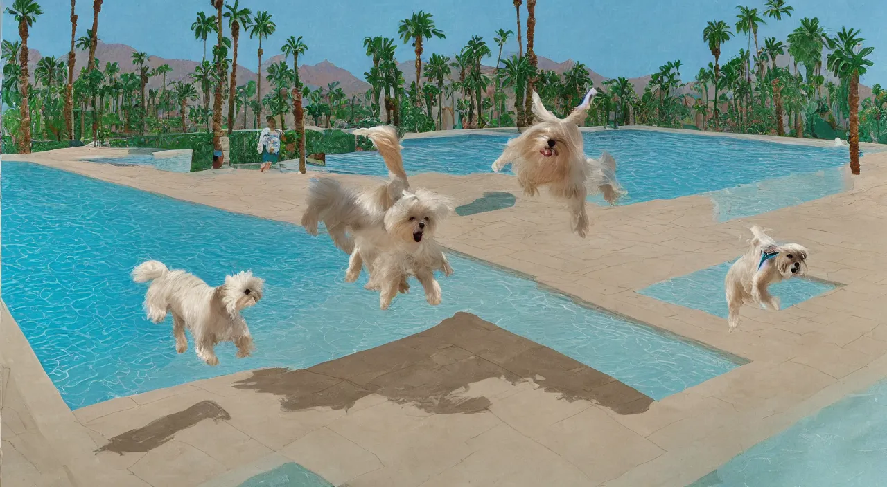 Prompt: medium shot of one cream colored havanese dog jumping off a diving board into a pool at a mid century modern house in palm springs by david hockney