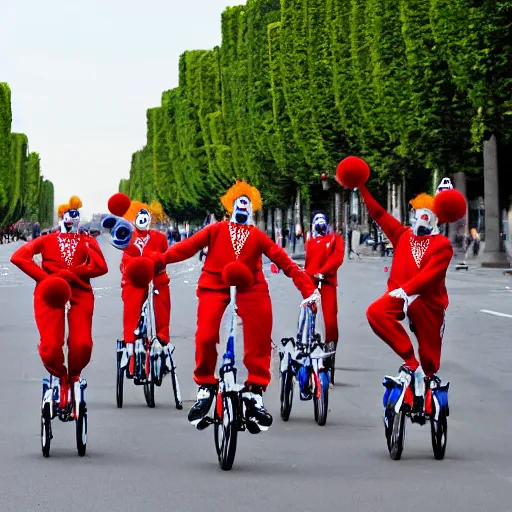 Image similar to sports photo of troupe of clowns on unicycles in a bunch sprint on the champs de elysees, tour de france