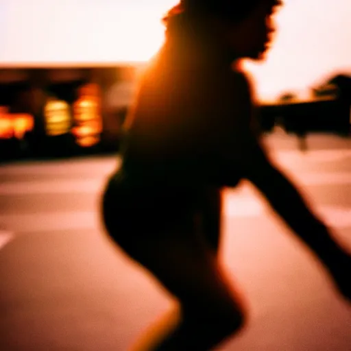 Prompt: a roller skater in a cinematic closeup. in santa monica at blue hour. canon eos c 3 0 0, ƒ 1. 8, 3 5 mm. 8 k. medium - format print. inspired by roger deakins cinematography