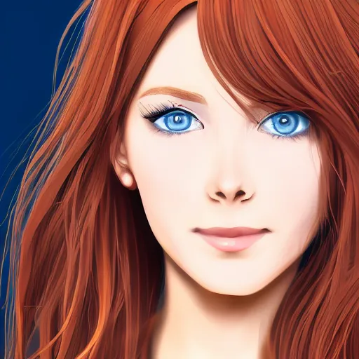 Prompt: selfie of a beautiful woman with auburn hair and blue eyes, smiling at the camera, 4 k, anime digital art