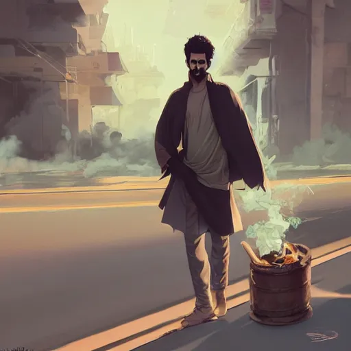 Image similar to saudi arab man smoking in a car, anime digital art in the style of greg rutkowski and craig mullins, 4 k