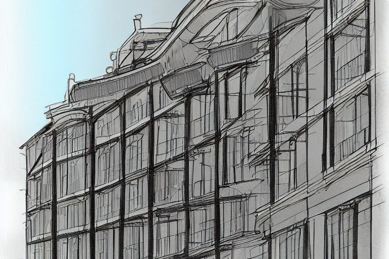 Prompt: five stories of flats above a neo - classical shopping centre, concept art sketch