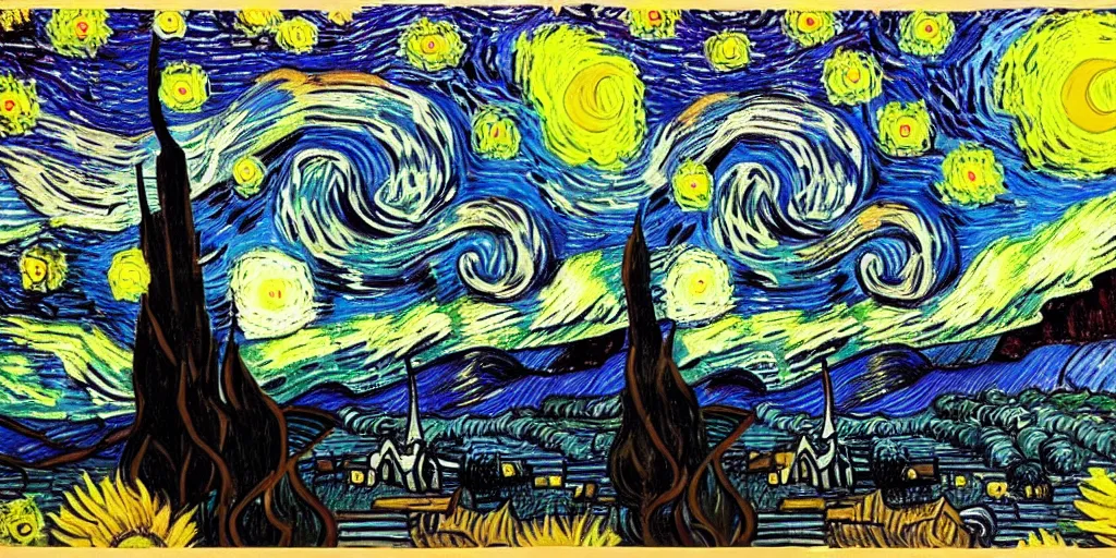 Image similar to monster standing in a field with colorful sunflowers during a starry night by Vincent van Gogh