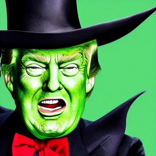Image similar to trump in the style of wicked witch of the west with green skin, high quality movie still