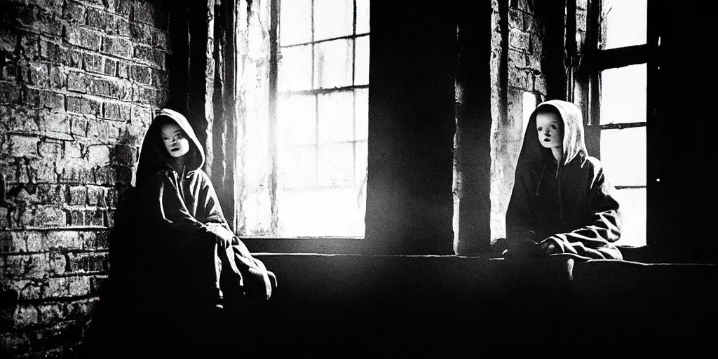 Image similar to night scene, sadie sink in hoodie sits on windowsill, knees tucked in, rain, old brick wall, propaganda posters : grainy b & w 1 6 mm film, 2 5 mm lens, single long shot from schindler's list by steven spielberg. cyberpunk, steampunk. cinematic atmosphere and composition, detailed face, perfect anatomy