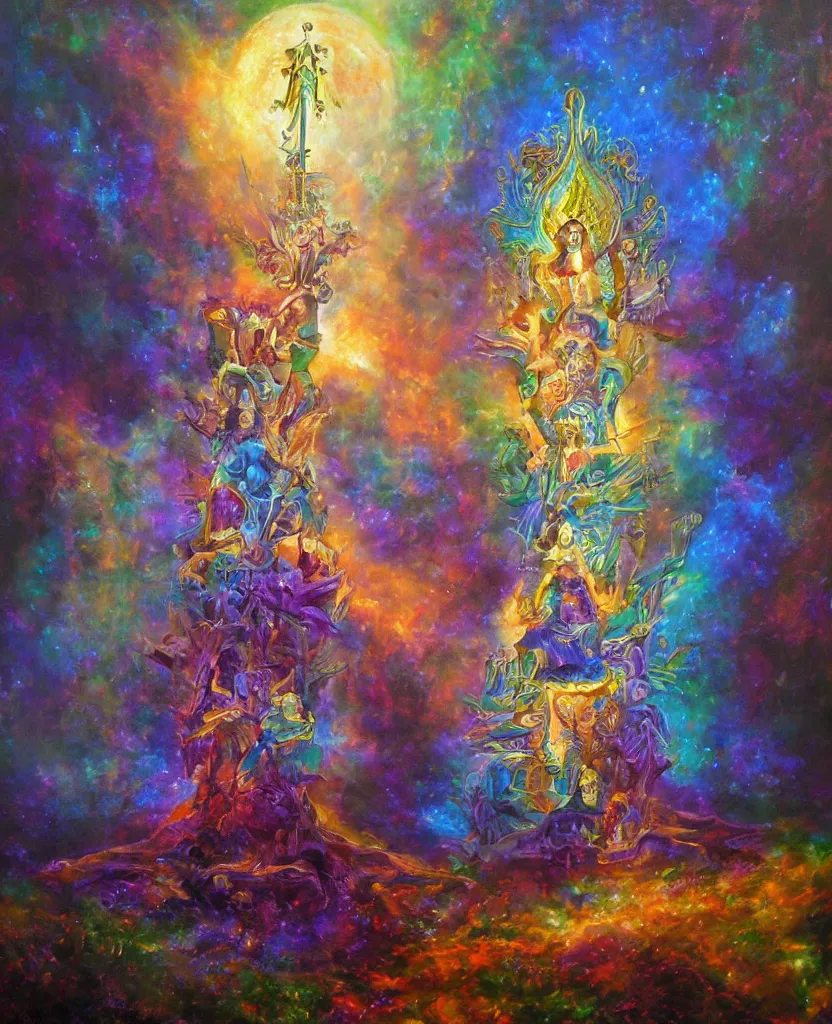 Image similar to holy throne of the lunar god, award winning oil painting, iridescent aberration celestial color palette