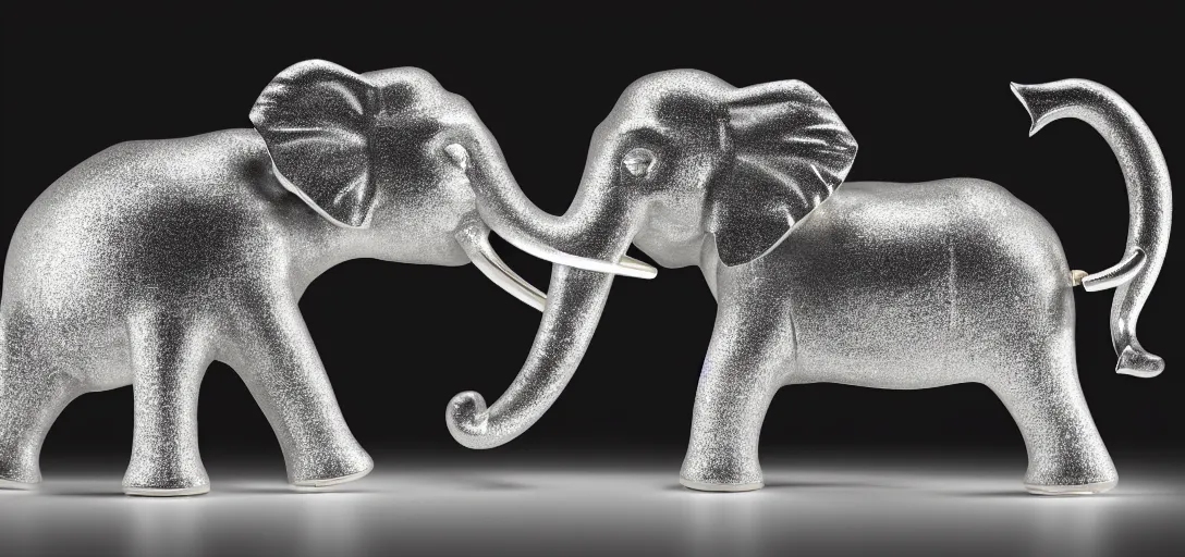 Image similar to a wide shot of silver handcrafted elephant, line of lights running inside the elephant, jewelry lighting, studio lighting, dark background, photorealistic, octane render, unreal engine