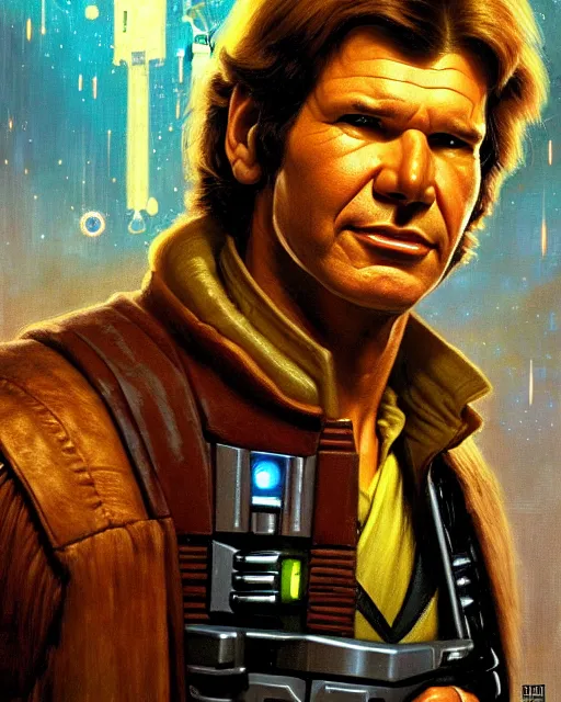 Image similar to character portrait closeup 4 0 years old han solo harrison ford cyberpunk starcraft terran warhammer 4 0 k space marine, confident, character design, painting by gaston bussiere, ralph mcquarrie, katsuya terada, frank frazetta, tom of finland, trending on artstation