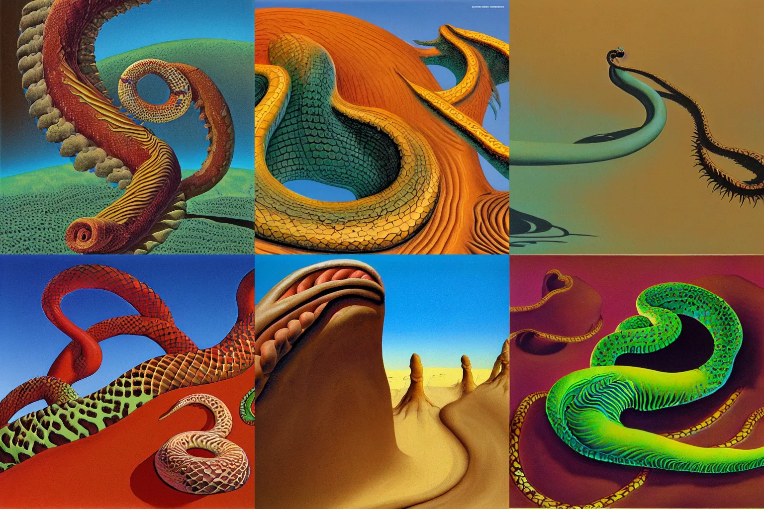 Prompt: fantasy desert, dune, snakes, artwork by roger dean