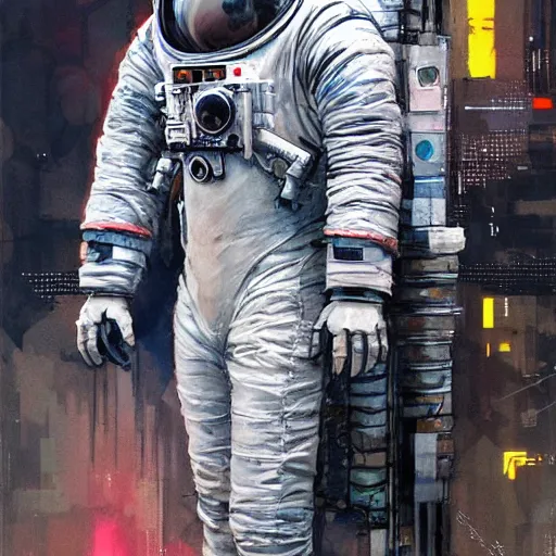 Image similar to astronaut, cyberpunk, realistic, detailed, Industrial Scifi, paint, watercolor, in the style of Ashley Wood and Wadim Kashin