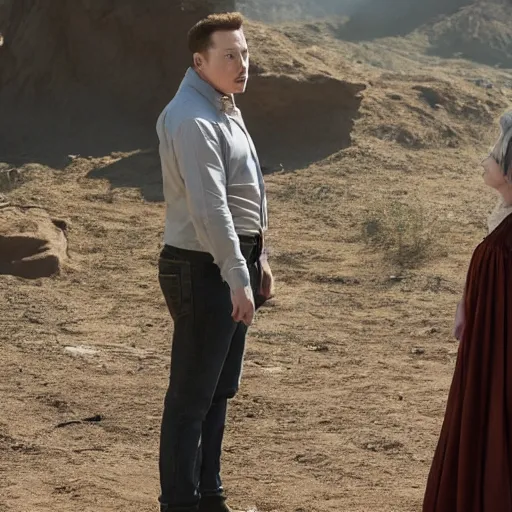 Prompt: Elon Musk standing over Delores from Westworld being created