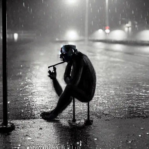 Image similar to contre - jour photo of a monkey smoking a cigarette on a bridge at night under rain, lightened by street lamps, award winning photography