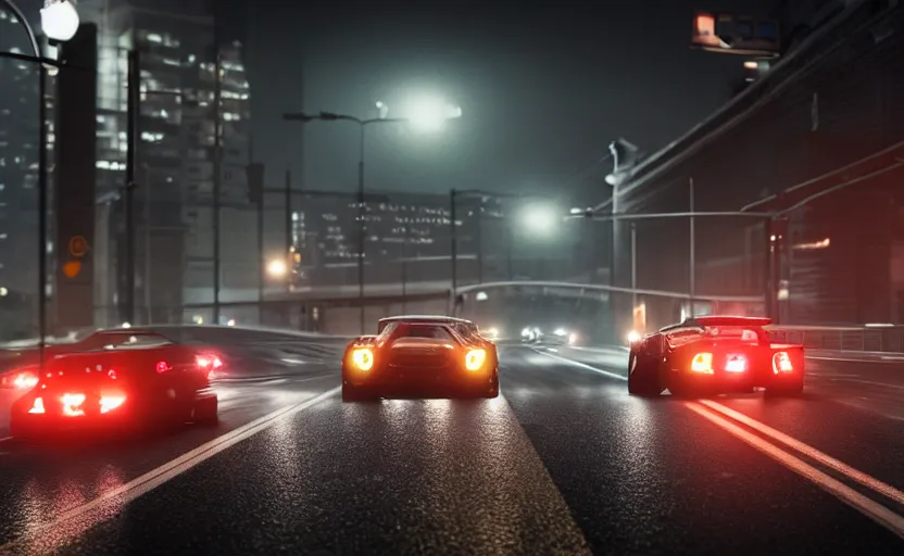Prompt: photorealistic action photography of street car race on the roads dark, wet, night light fixtures. 8K. detailed. photorealism. artstation. 25mm f/1.7 ASPH Lens. ultra realistic