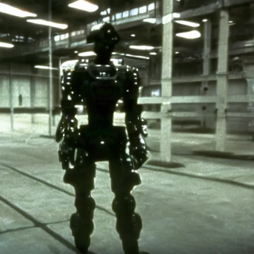 Prompt: metal gear robot in a wearhouse, dramatic shot, 1 9 8 7, movie still
