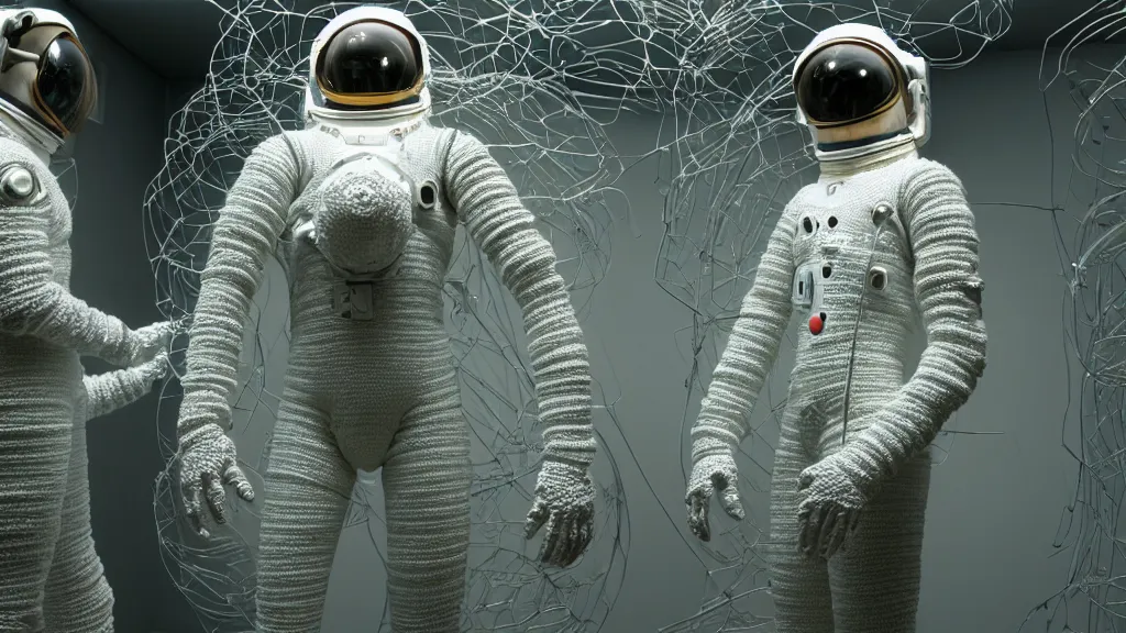 Image similar to a cybernetic symbiosis of a single astronaut eva suit made of pearlescent wearing knitted yarn thread infected with diamond 3d fractal lace iridescent bubble 3d skin covered with stalks of insectoid compound eye camera lenses floats through the living room, film still from the movie directed by Denis Villeneuve with art direction by Salvador Dalí, wide lens,