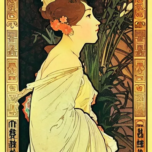 Image similar to beautiful women with oriental faces, character portrait, sharp, art by alphonse maria mucha