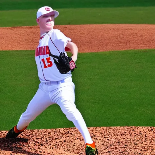 Prompt: action photo of kyle funkhouser pitching, in uniform, realistic