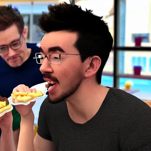 Image similar to Jacksepticeye eating in McDonald's with Markiplier, shot on iphone, photorealistic, realistic lighting,