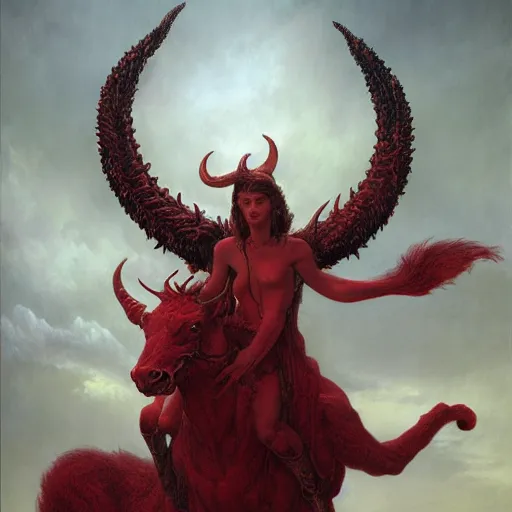 Image similar to a masterpiece! matte painting portrait of a scarlet - colored beast with seven ( 7 ) heads and ten ( 1 0 ) horns by gustave dore and stephen hickman and allen williams, trending on artstation, cgsociety, 8 k hd, earthtone colors, a cloaked woman riding the back of the beast